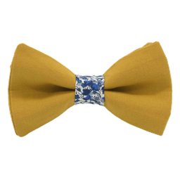 Noeud papillon uni jaune moutarde "New Delhi" bague Liberty "Emma and Georgina" bleu