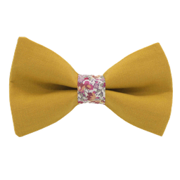 Noeud papillon uni jaune moutarde "New Delhi" bague Liberty "Emma & Georgina" rose