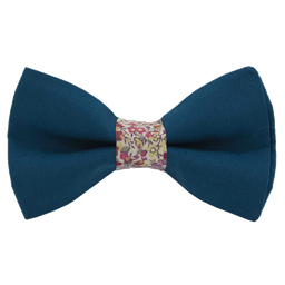 Noeud papillon uni bleu canard "Vienne" bague Liberty "Emma & Georgina" rose